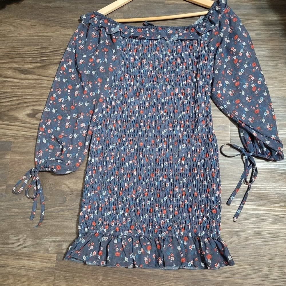 By Egreis Elegant Navy Blue Multi Dress Size L Smocked Flirty - Picture 2 of 4